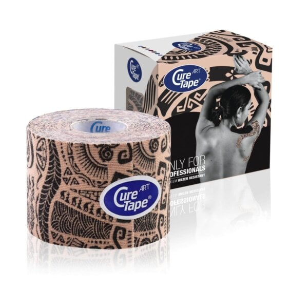 curetape-Intro-offer-kinesiology-tape-product-classic-art-tattoo-beige-and-black-printed-pattern-design-5cm-x-5m-1-single-roll-with-box-packaging-lr-image